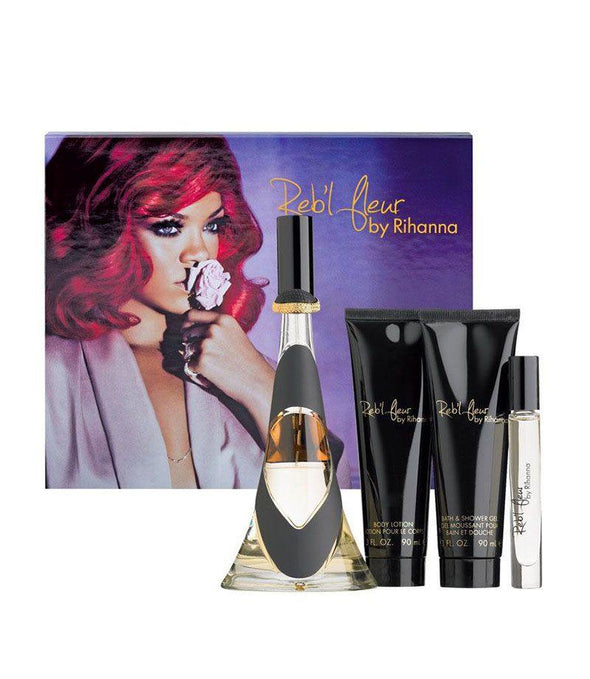 Reb'l Fleur Gift Set By Rihanna - 3.4 oz Eau De Parfum Spray + 3 oz Body Lotion + 3 oz Shower Gel + .34 oz Mini EDP Spray Gift Set - 3.4 oz Eau De Parfum Spray + 3 oz Body Lotion + 3 oz Shower Gel + .34 oz Mini EDP Spray