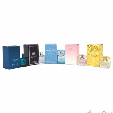 Versace Eros Gift Set By Versace - Miniature Collection Includes Versace Yellow Diamond, Bright Crystal, Crystal Noir, Eros and Pour Femme Dylan Blue all .17 oz sizes. Gift Set - Miniature Collection Includes Versace Yellow Diamond, Bright Crystal, Crystal Noir, Eros and Pour Femme Dylan Blue all .17 oz sizes.